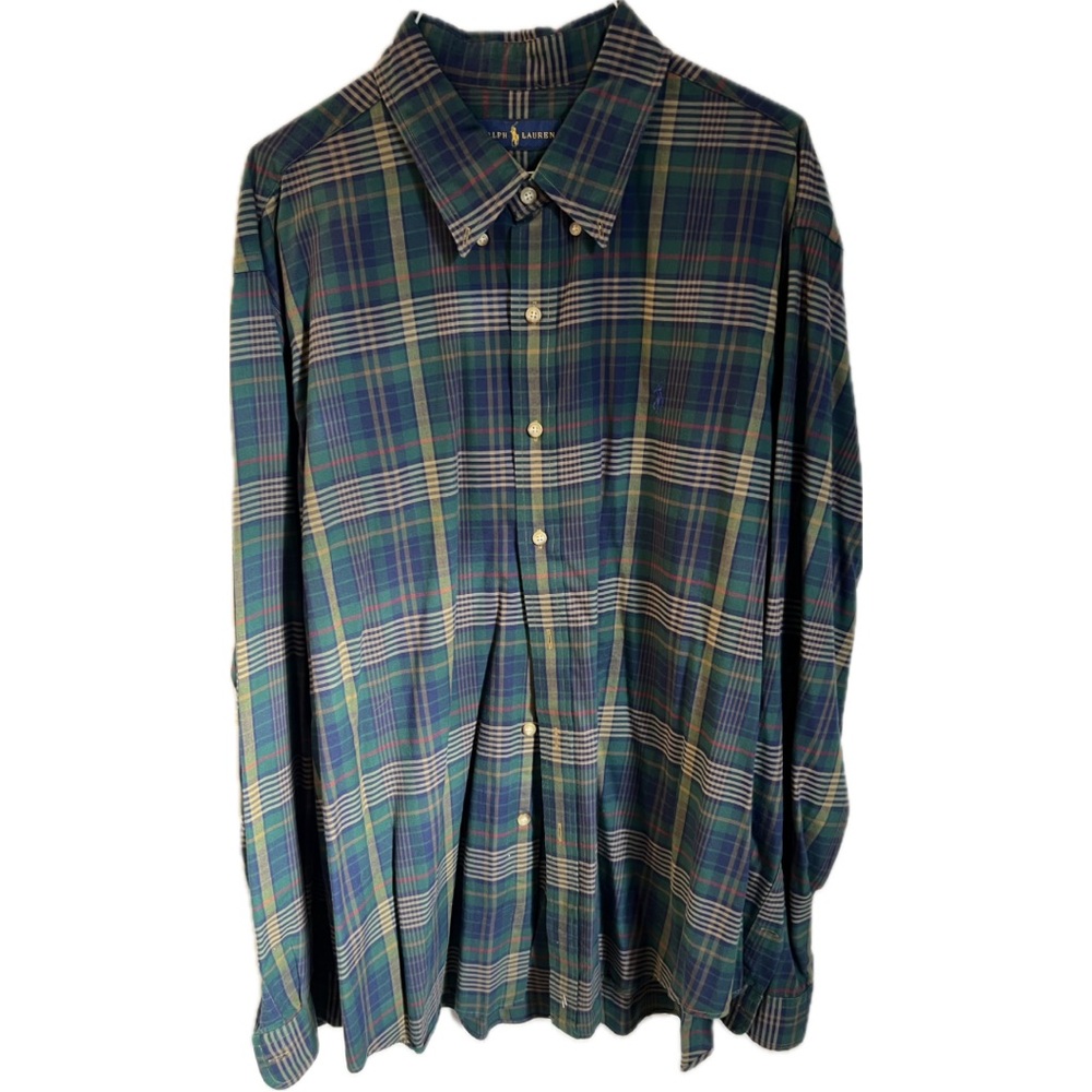 Ralph Lauren green/blue plaid button down, size XXL.  Good used condition.